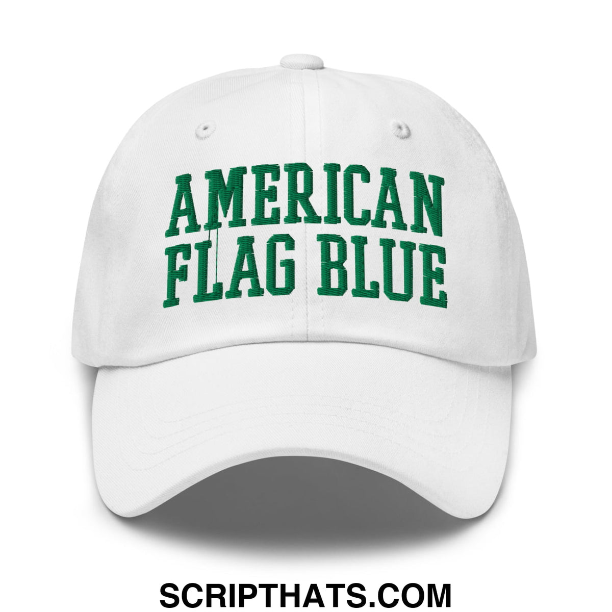 White unstructured dad hat with green embroidered american flag blue text inspired by lincoln memorial pool algae