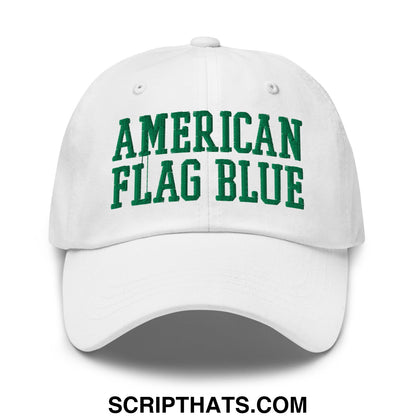 White unstructured dad hat with green embroidered american flag blue text inspired by lincoln memorial pool algae