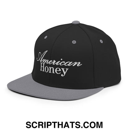 American Honey Embroidered Flat Bill Brim Snapback Hat Black Silver