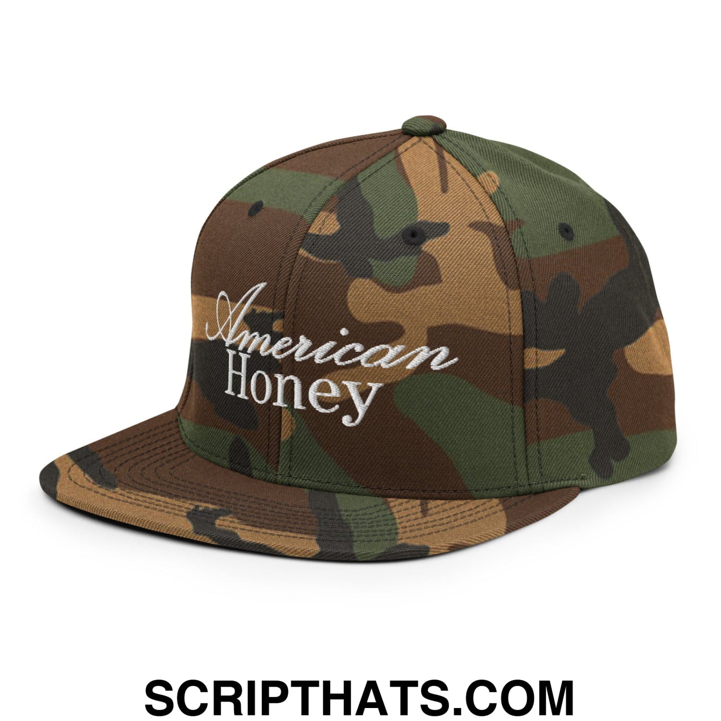 American Honey Embroidered Flat Bill Brim Snapback Hat Green Camo