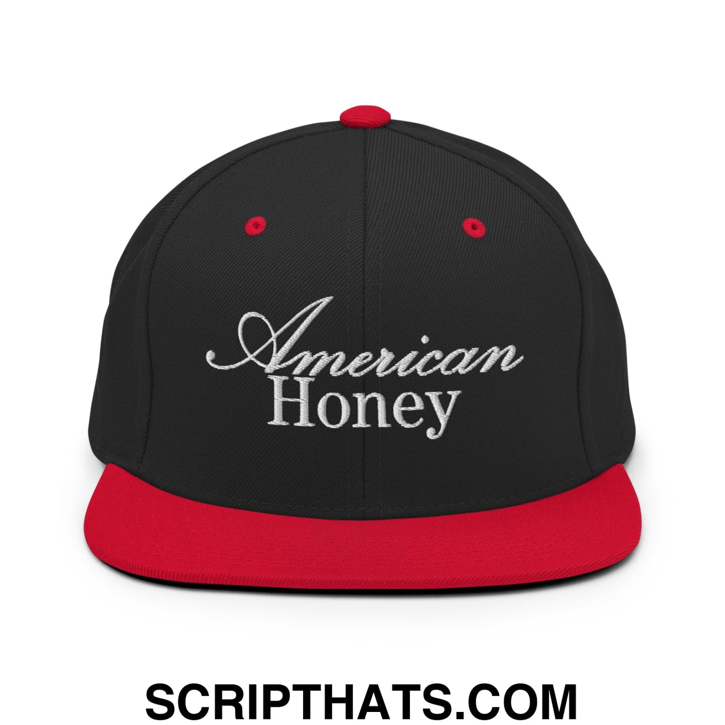 American Honey Embroidered Flat Bill Brim Snapback Hat Black Red