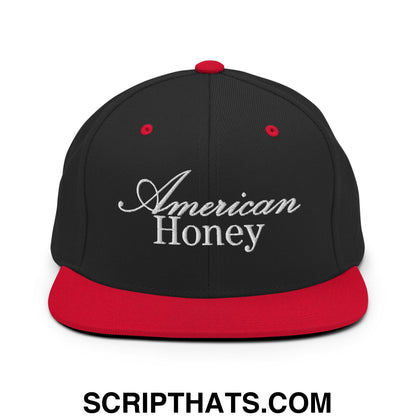 American Honey Embroidered Flat Bill Brim Snapback Hat Black Red