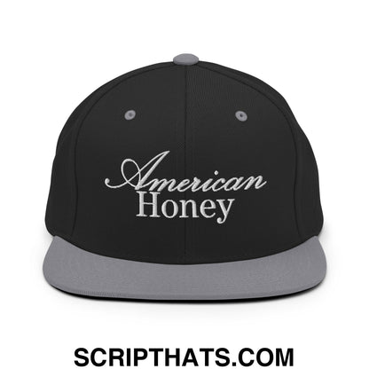 American Honey Embroidered Flat Bill Brim Snapback Hat Black Silver