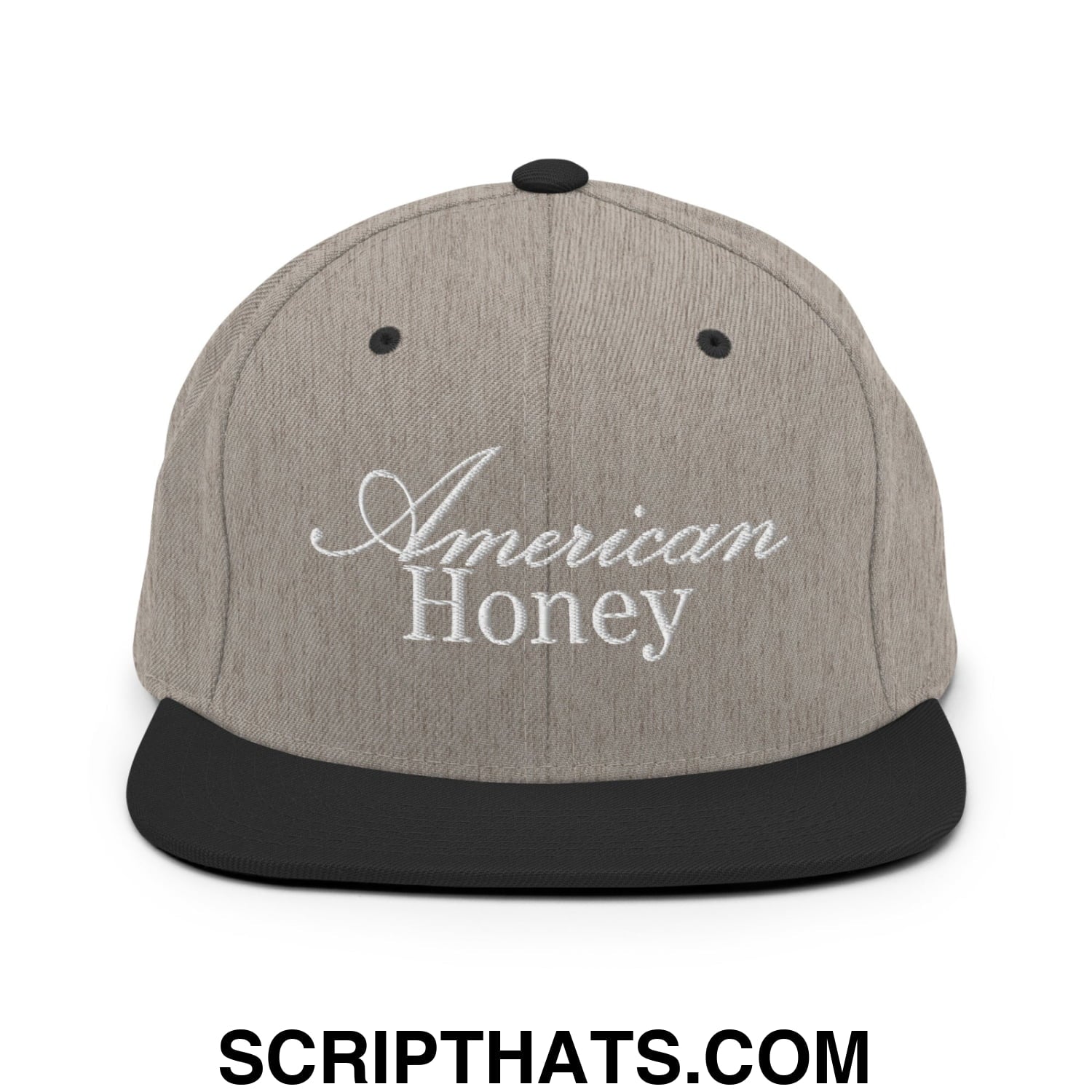 American Honey Embroidered Flat Bill Brim Snapback Hat Heather Black