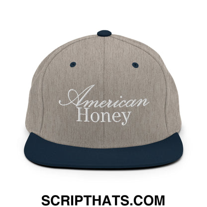 American Honey Embroidered Flat Bill Brim Snapback Hat Heather Grey Navy