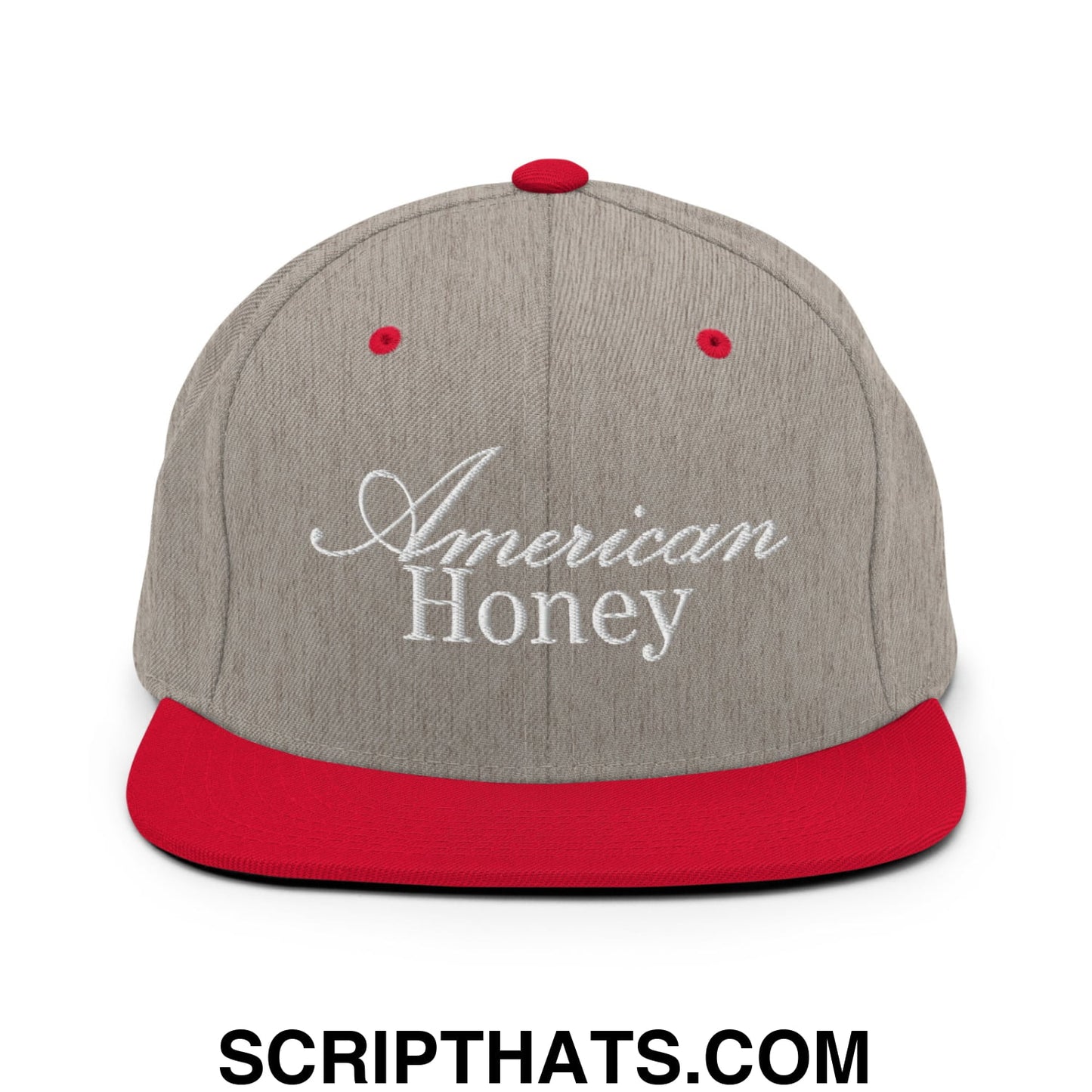 American Honey Embroidered Flat Bill Brim Snapback Hat Heather Grey Red