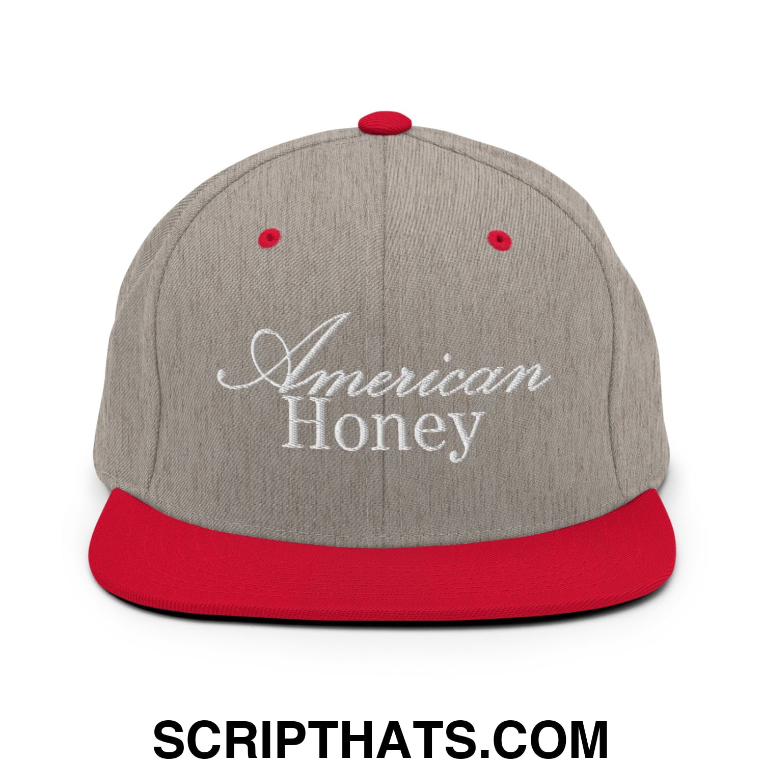 American Honey Embroidered Flat Bill Brim Snapback Hat Heather Grey Red