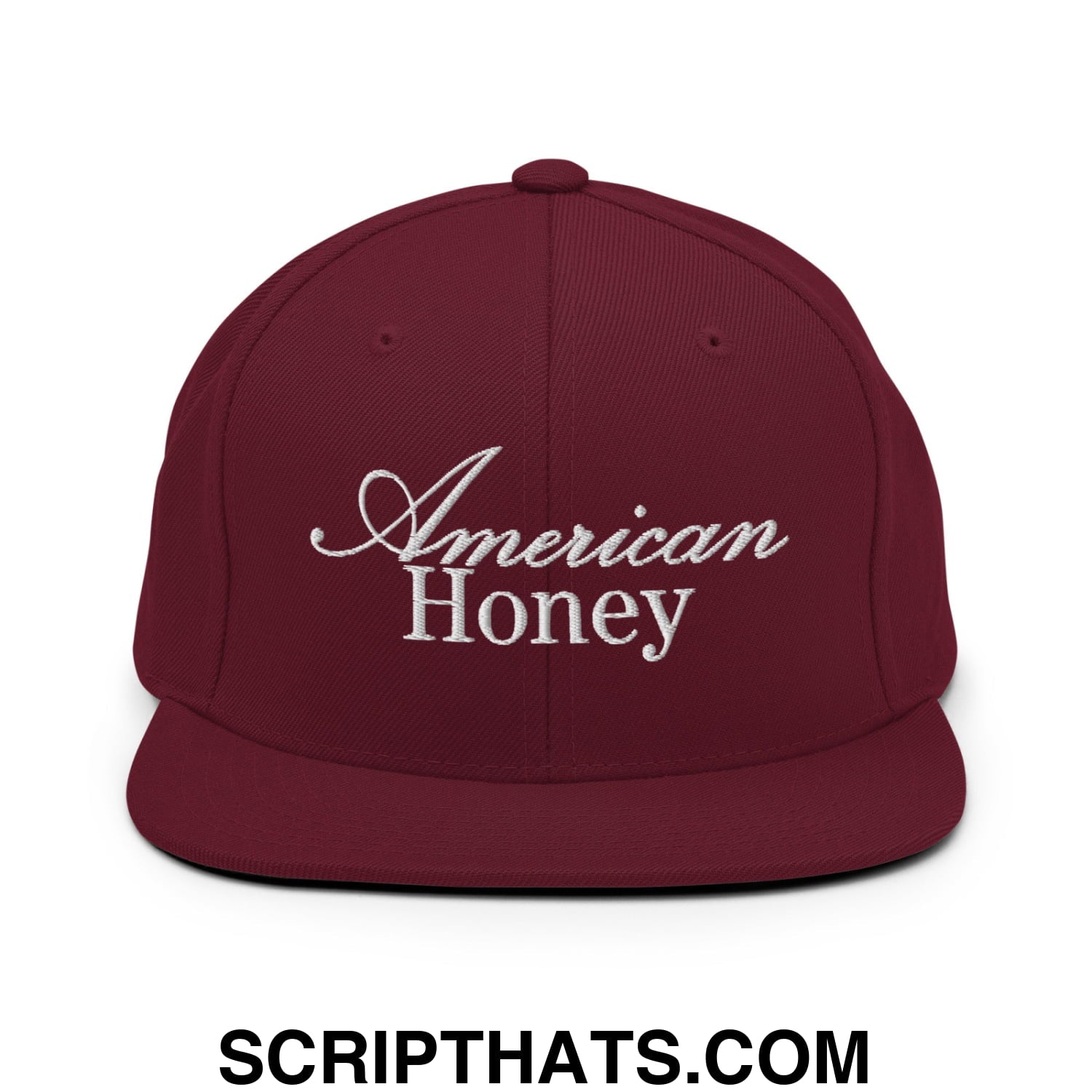 American Honey Embroidered Flat Bill Brim Snapback Hat Maroon