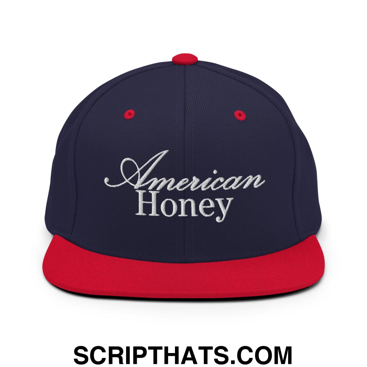 American Honey Embroidered Flat Bill Brim Snapback Hat Navy Red