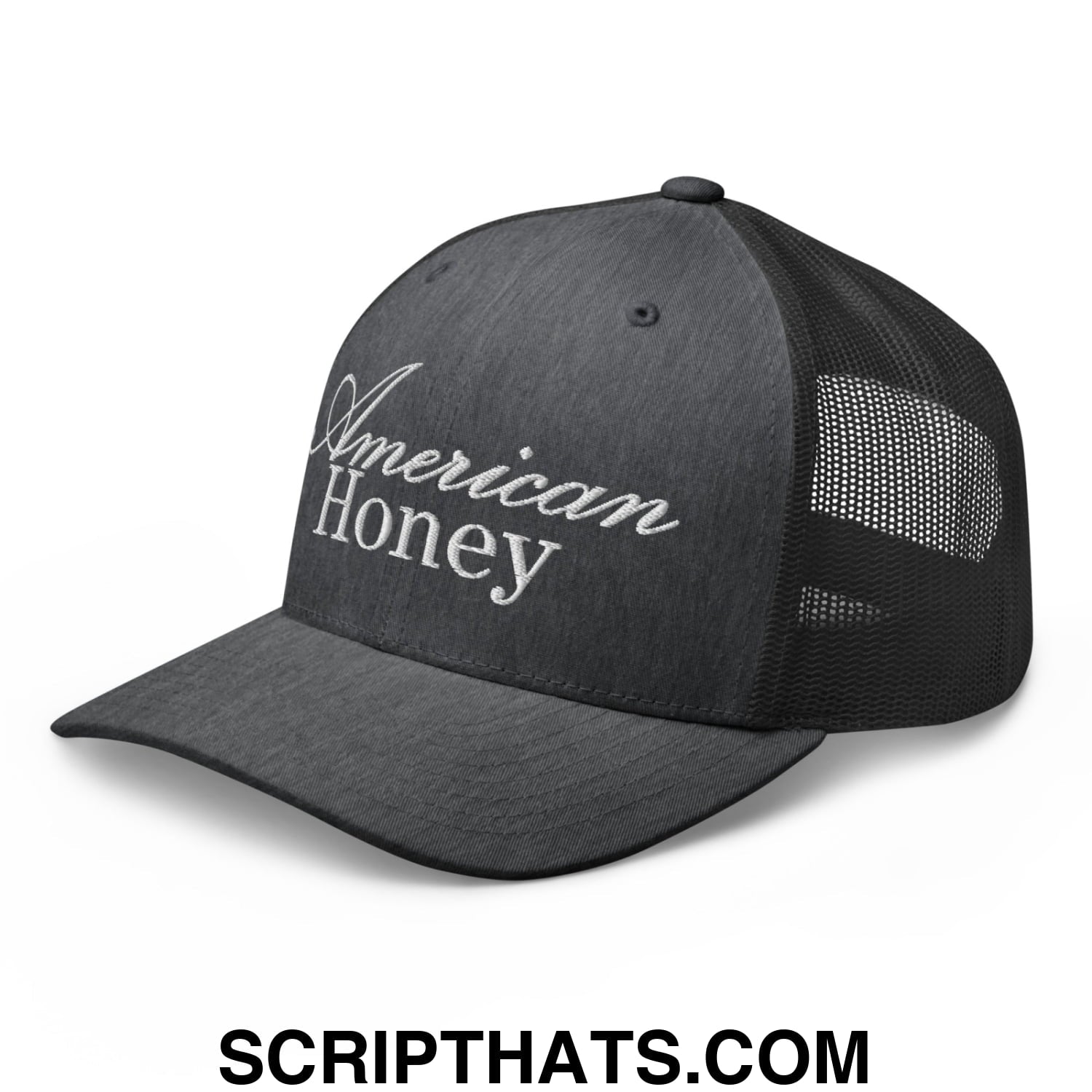 American Honey Embroidered Mesh Trucker Hat Dark Heather Gray