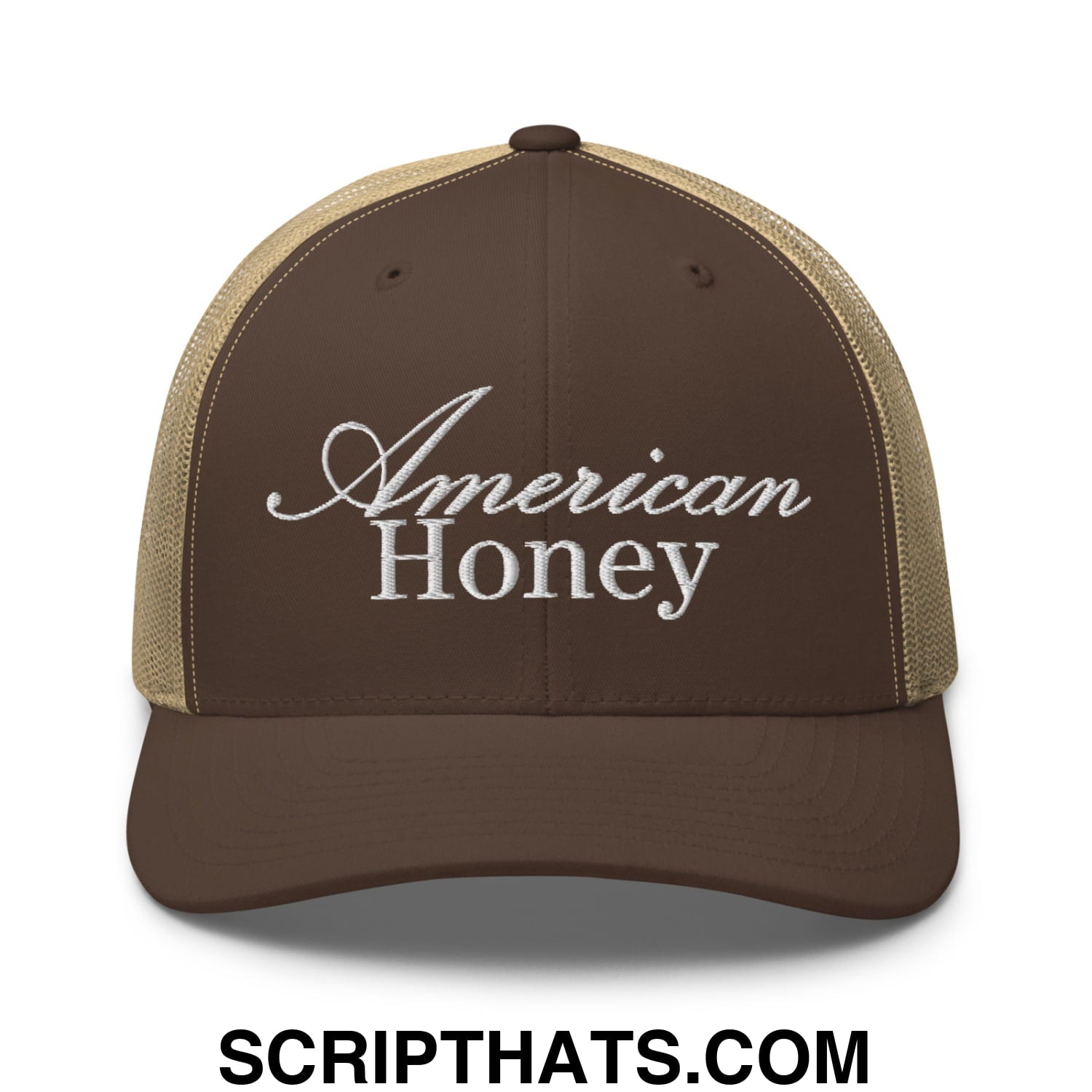 American Honey Embroidered Mesh Trucker Hat Brown Khaki