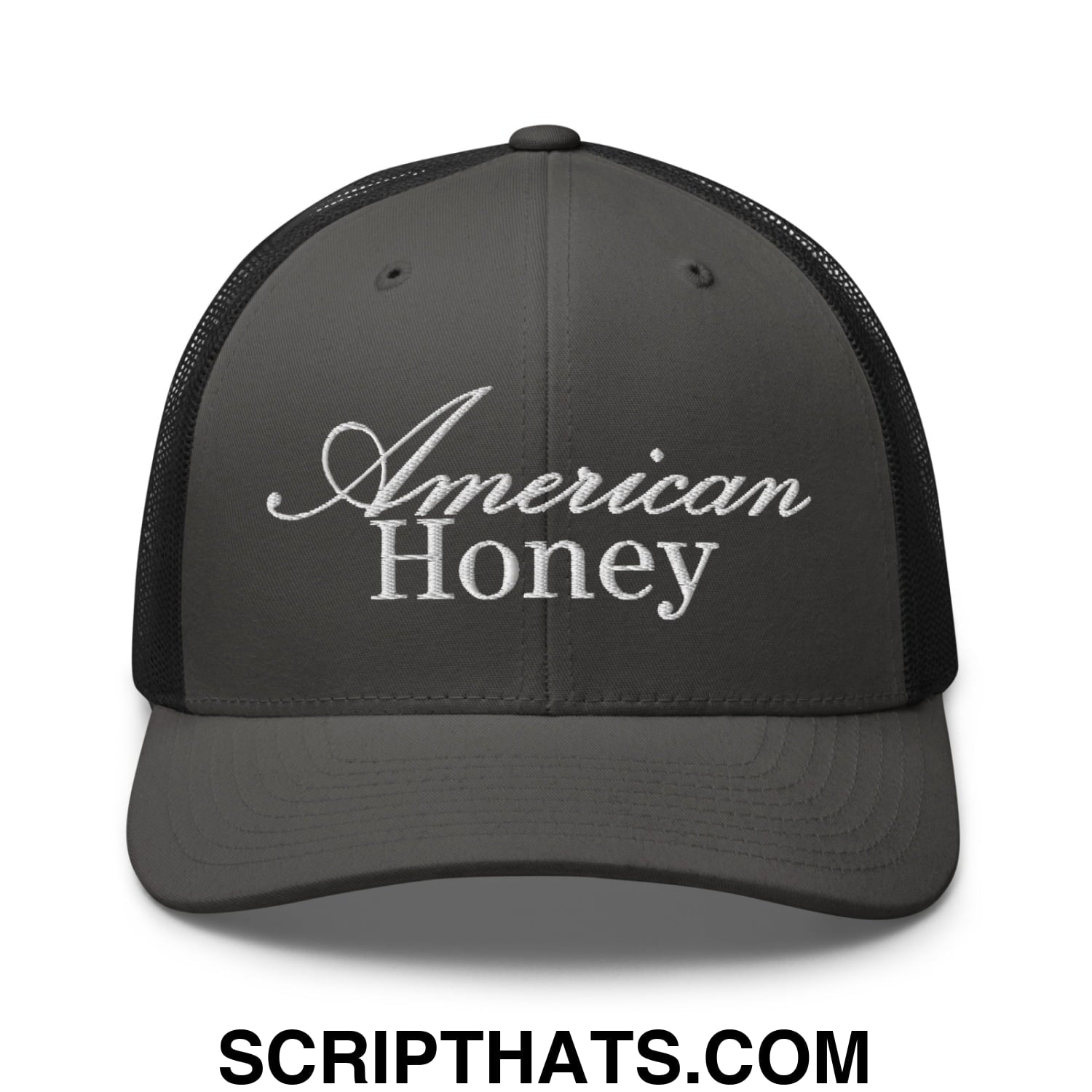 American Honey Embroidered Mesh Trucker Hat Charcoal Black