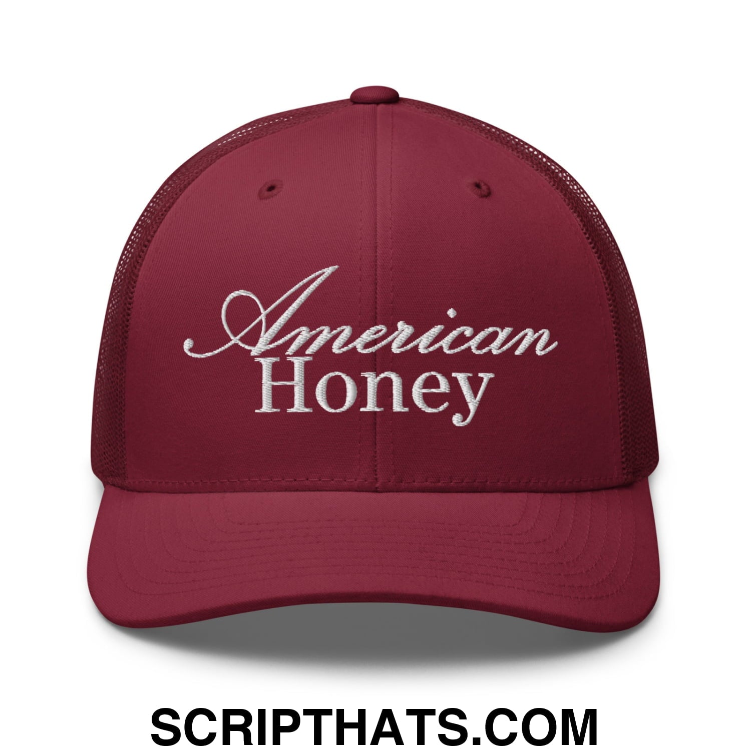 American Honey Embroidered Mesh Trucker Hat Cranberry
