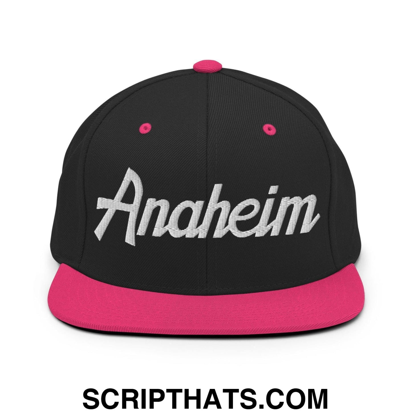 Anaheim Script Snapback Hat Black Neon Pink