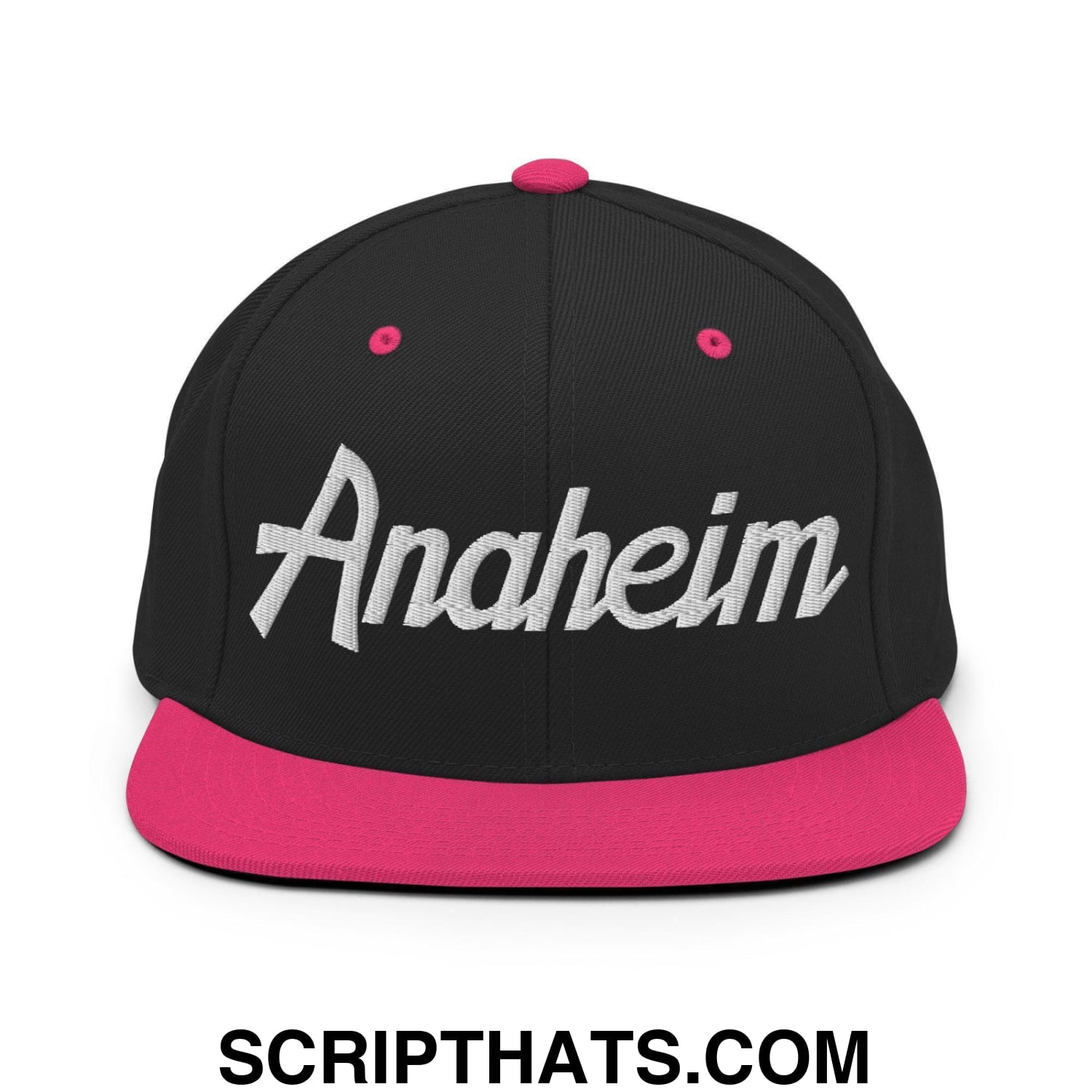 Anaheim Script Snapback Hat Black Neon Pink