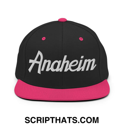 Anaheim Script Snapback Hat Black Neon Pink