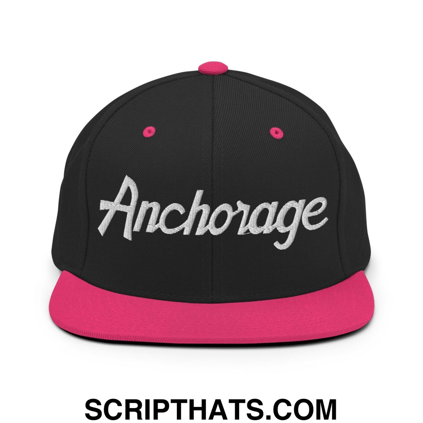 Anchorage Script Snapback Hat Black Neon Pink