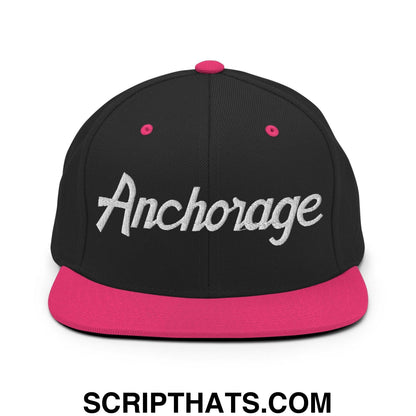 Anchorage Script Snapback Hat Black Neon Pink