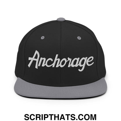 Anchorage Script Snapback Hat Black Silver