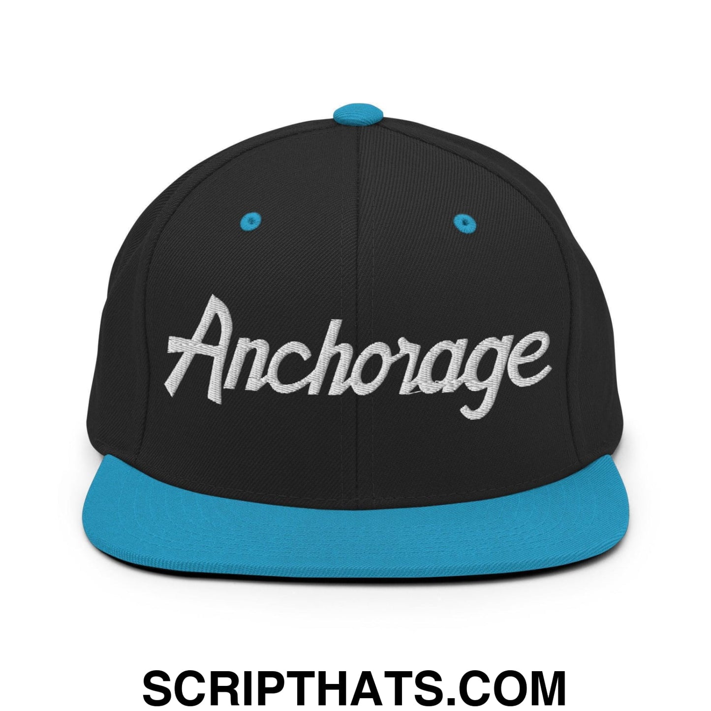 Anchorage Script Snapback Hat Black Teal
