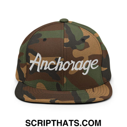 Anchorage Script Snapback Hat Green Camo