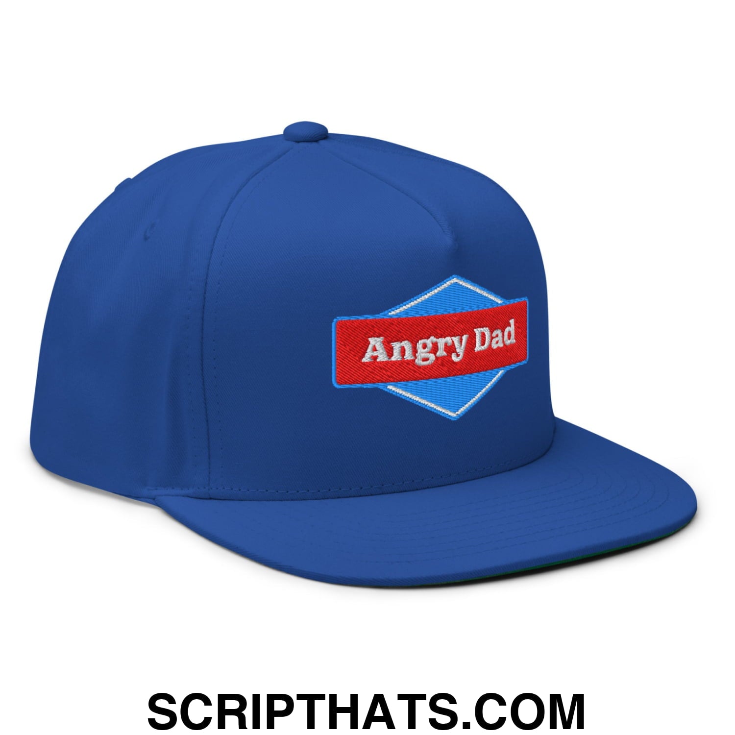 Angry Dad Embroidered Flat Brim Bill 5 Panel Snapback Hat Royal Blue