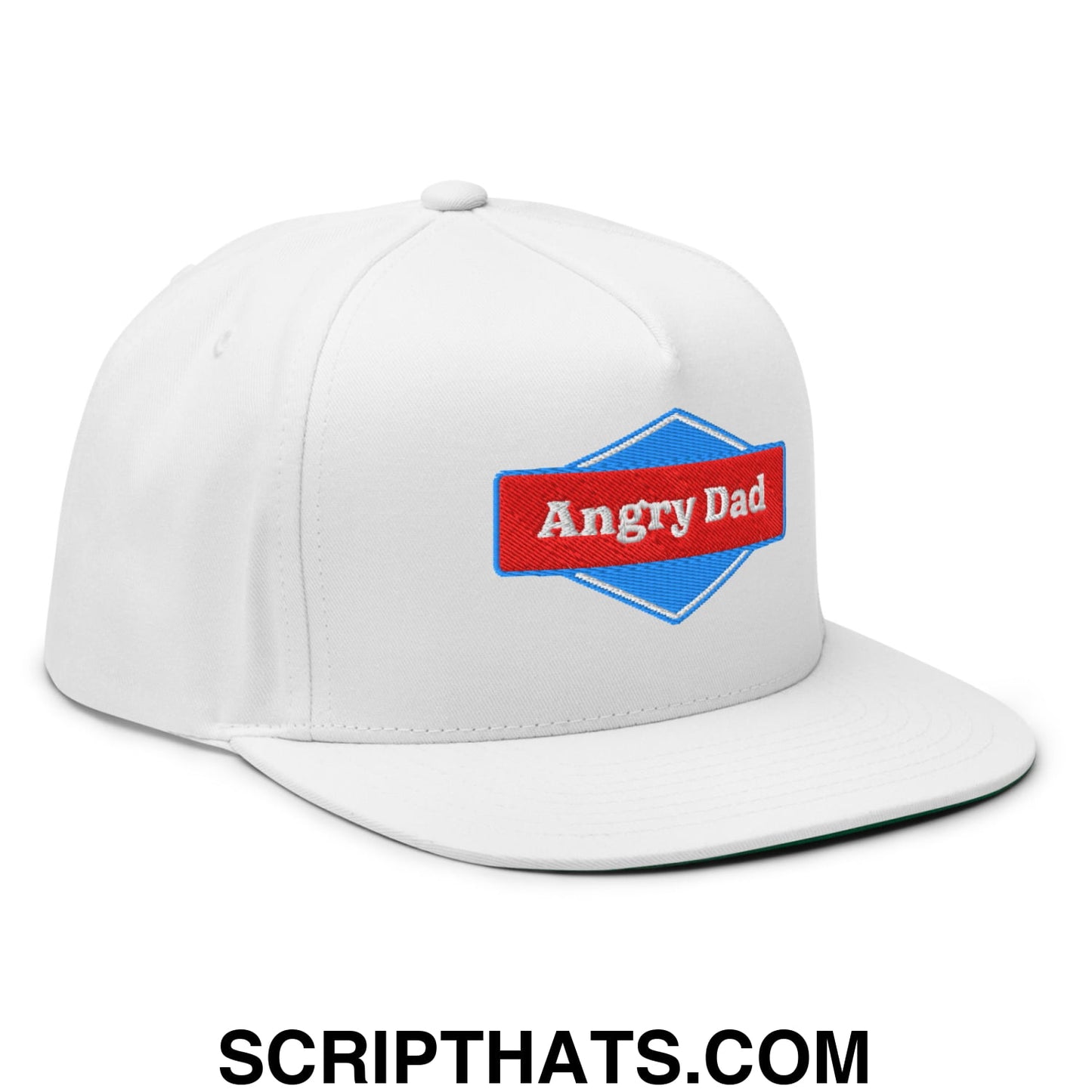 Angry Dad Embroidered Flat Brim Bill 5 Panel Snapback Hat White