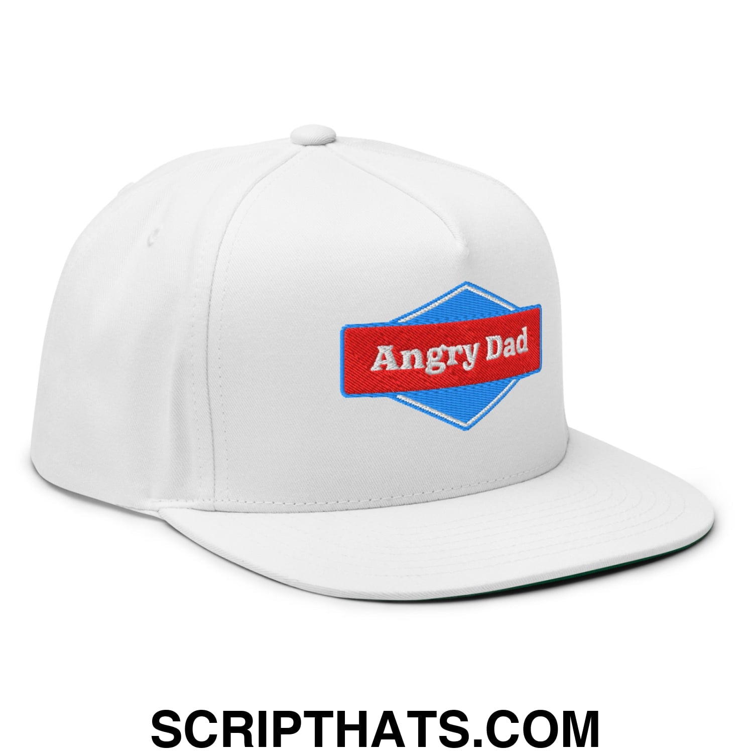 Angry Dad Embroidered Flat Brim Bill 5 Panel Snapback Hat White