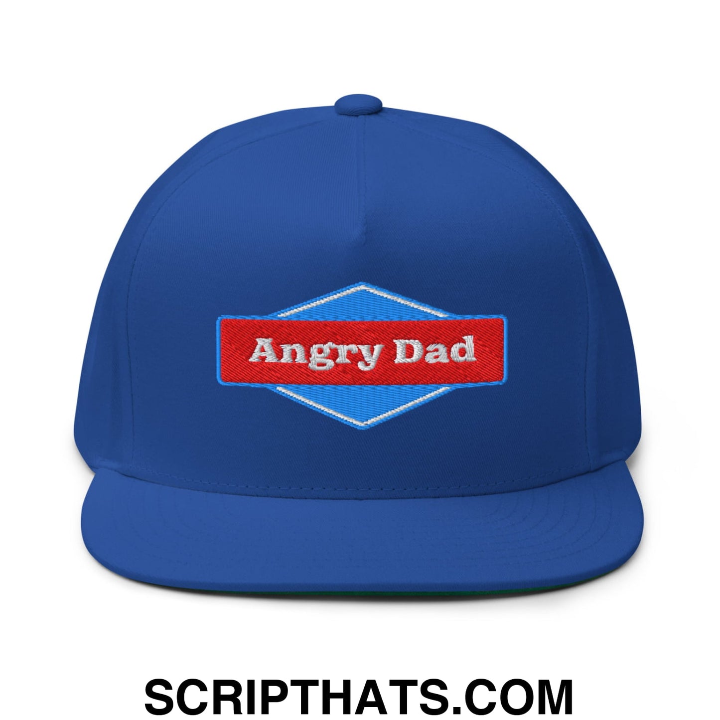 Angry Dad Embroidered Flat Brim Bill 5 Panel Snapback Hat Royal Blue