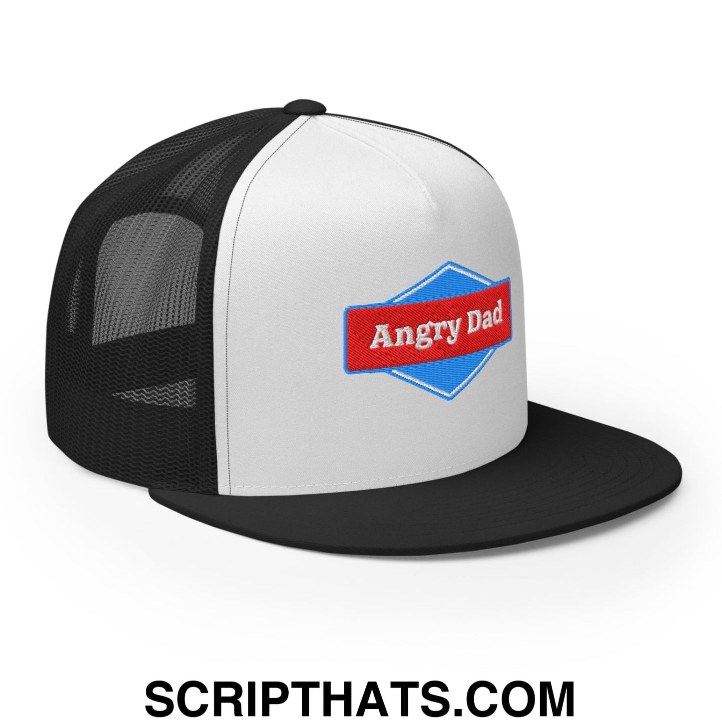 Angry Dad Embroidered Flat Brim Bill Mesh Trucker Hat Black White Black