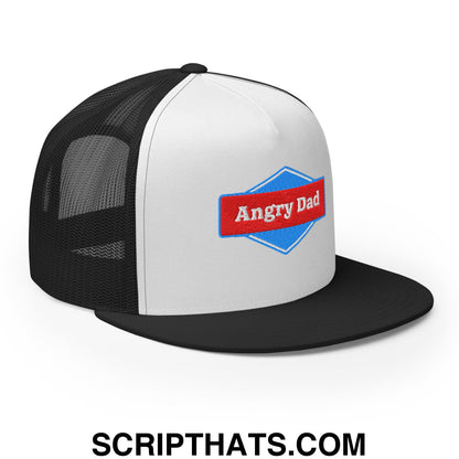 Angry Dad Embroidered Flat Brim Bill Mesh Trucker Hat Black White Black