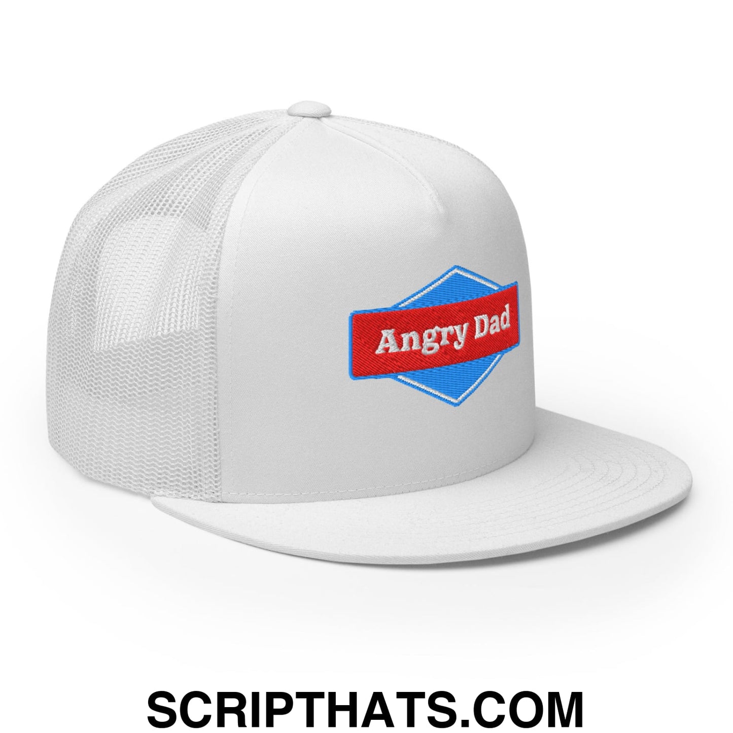 Angry Dad Embroidered Flat Brim Bill Mesh Trucker Hat White