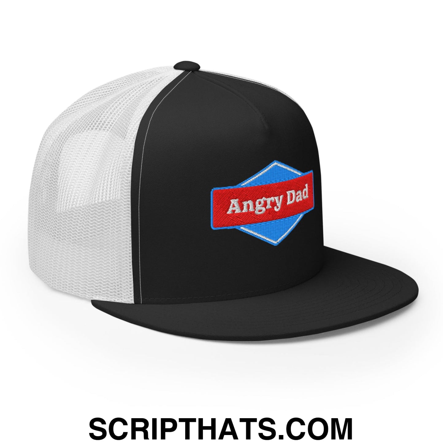 Angry Dad Embroidered Flat Brim Bill Mesh Trucker Hat Black White