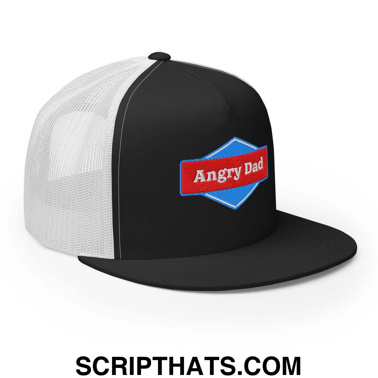 Angry Dad Embroidered Flat Brim Bill Mesh Trucker Hat Black White