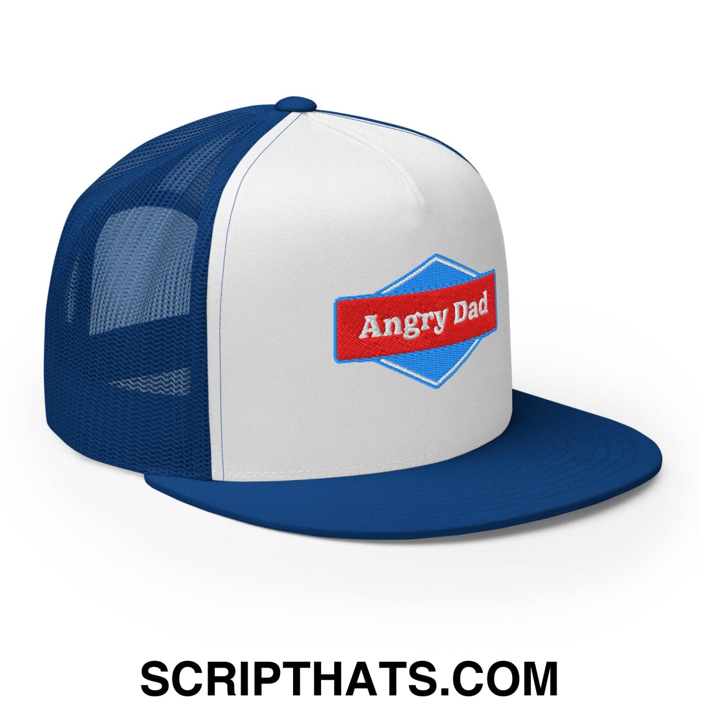 Angry Dad Embroidered Flat Brim Bill Mesh Trucker Hat Royal White Royal