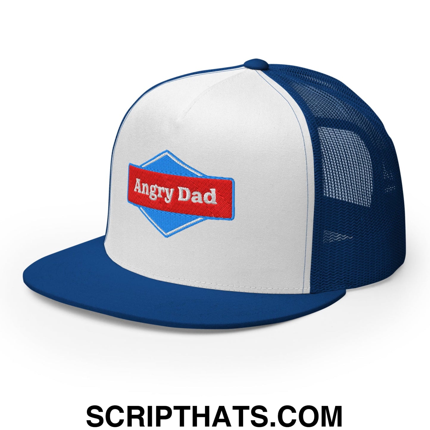 Angry Dad Embroidered Flat Brim Bill Mesh Trucker Hat Royal White Royal