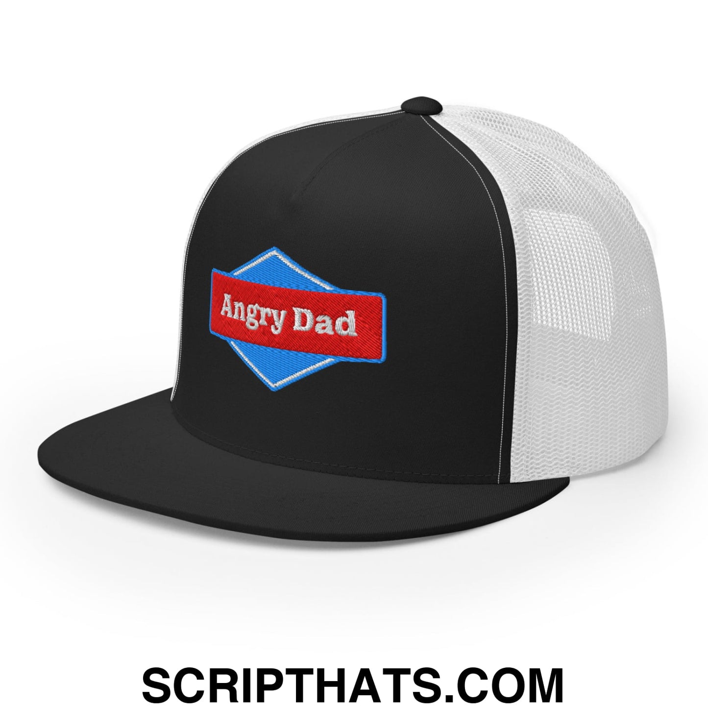 Angry Dad Embroidered Flat Brim Bill Mesh Trucker Hat Black White