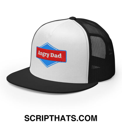 Angry Dad Embroidered Flat Brim Bill Mesh Trucker Hat Black White Black