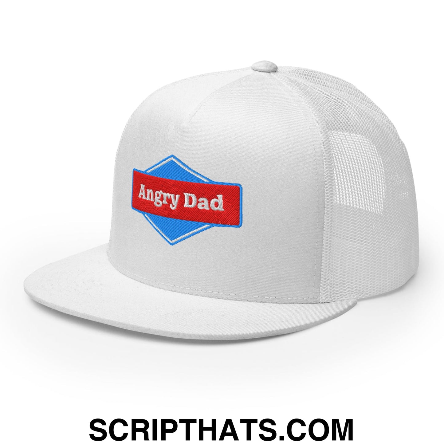 Angry Dad Embroidered Flat Brim Bill Mesh Trucker Hat White