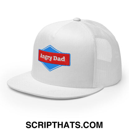 Angry Dad Embroidered Flat Brim Bill Mesh Trucker Hat White