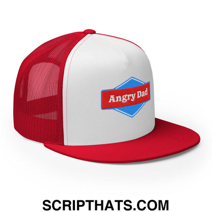 Angry Dad Embroidered Flat Brim Bill Mesh Trucker Hat Red White Red