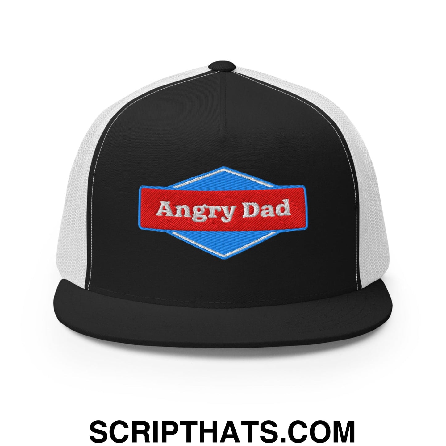 Angry Dad Embroidered Flat Brim Bill Mesh Trucker Hat Black White