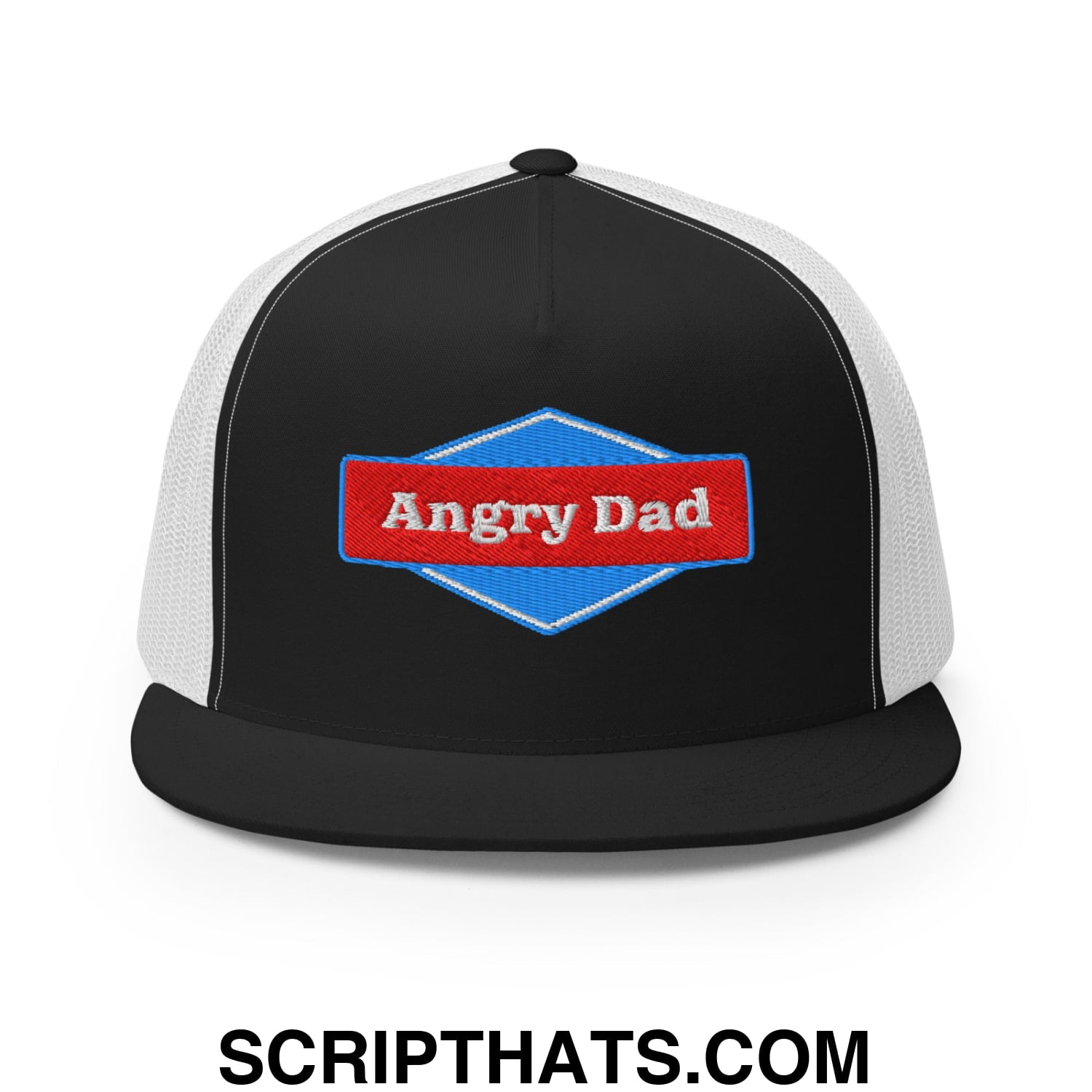 Angry Dad Embroidered Flat Brim Bill Mesh Trucker Hat Black White