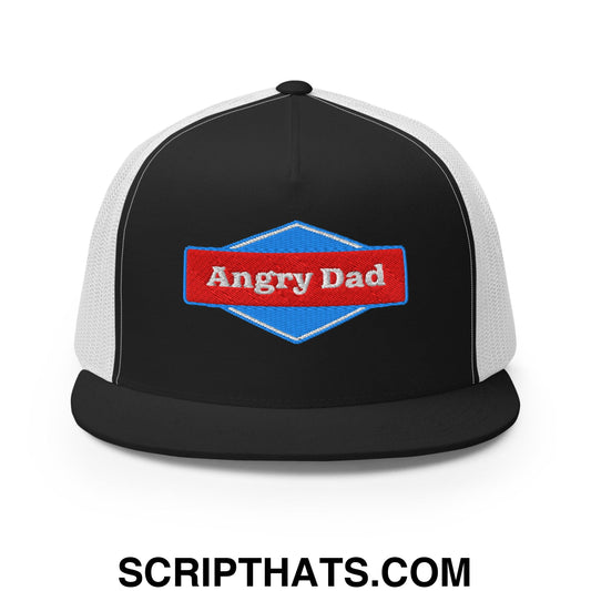 Angry Dad Embroidered Flat Brim Bill Mesh Trucker Hat Black White