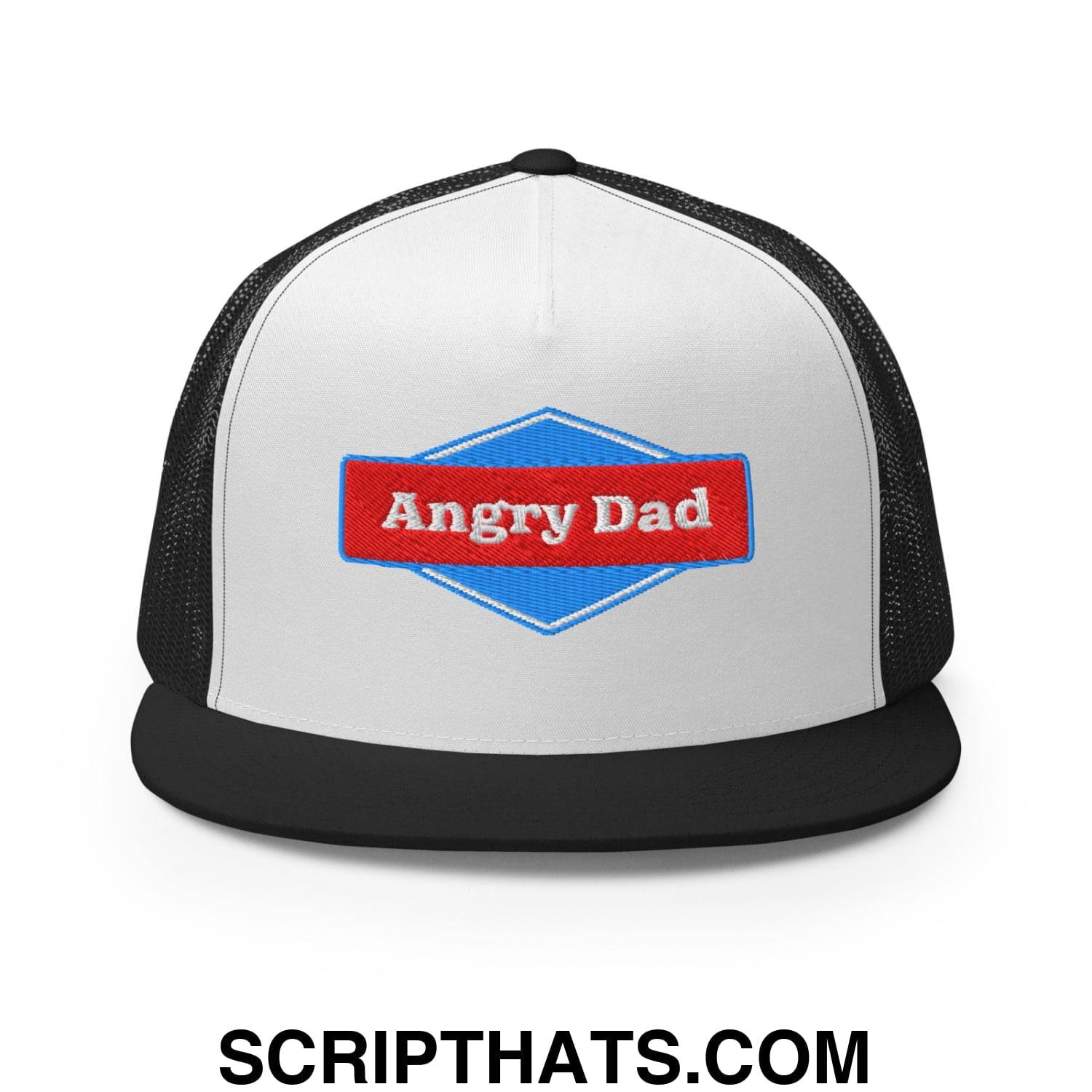 Angry Dad Embroidered Flat Brim Bill Mesh Trucker Hat Black White Black