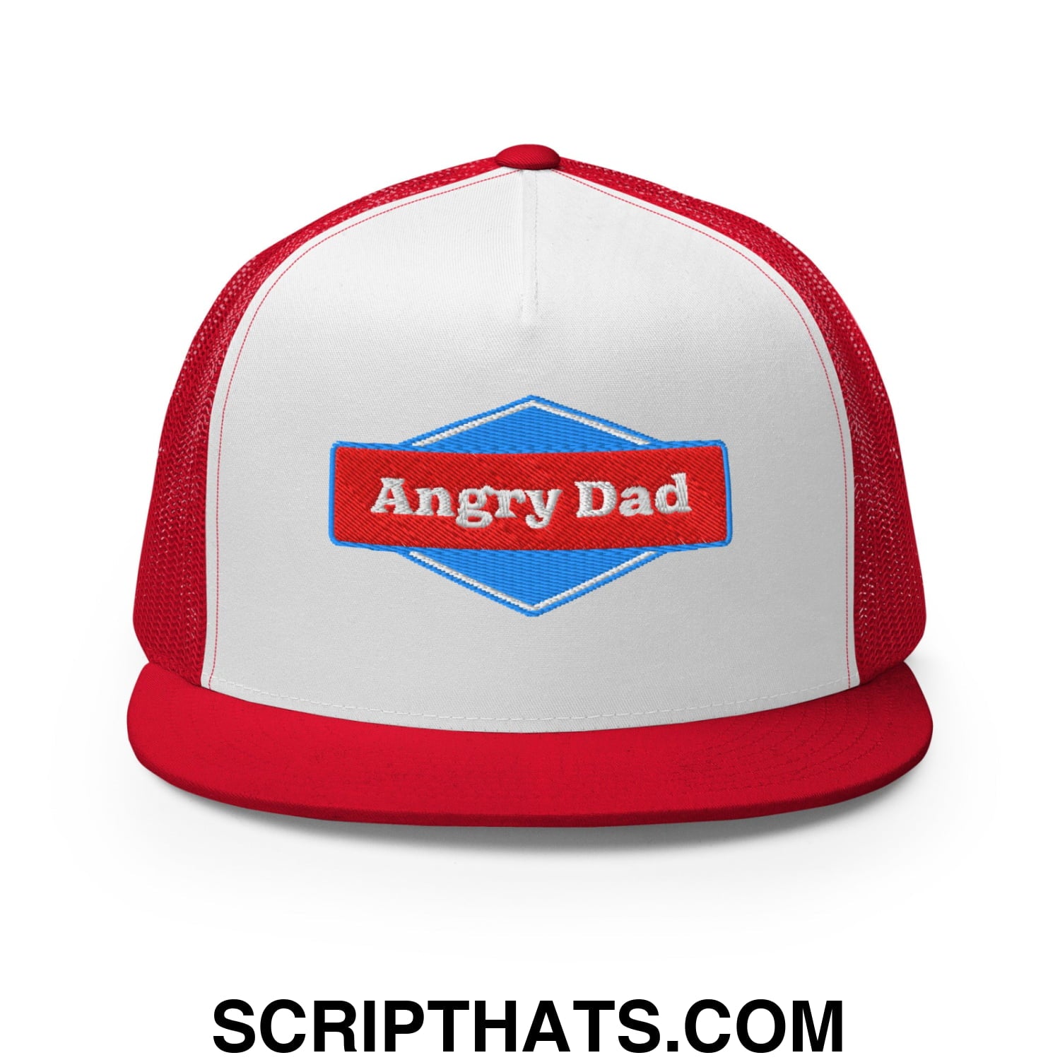 Angry Dad Embroidered Flat Brim Bill Mesh Trucker Hat Red White Red
