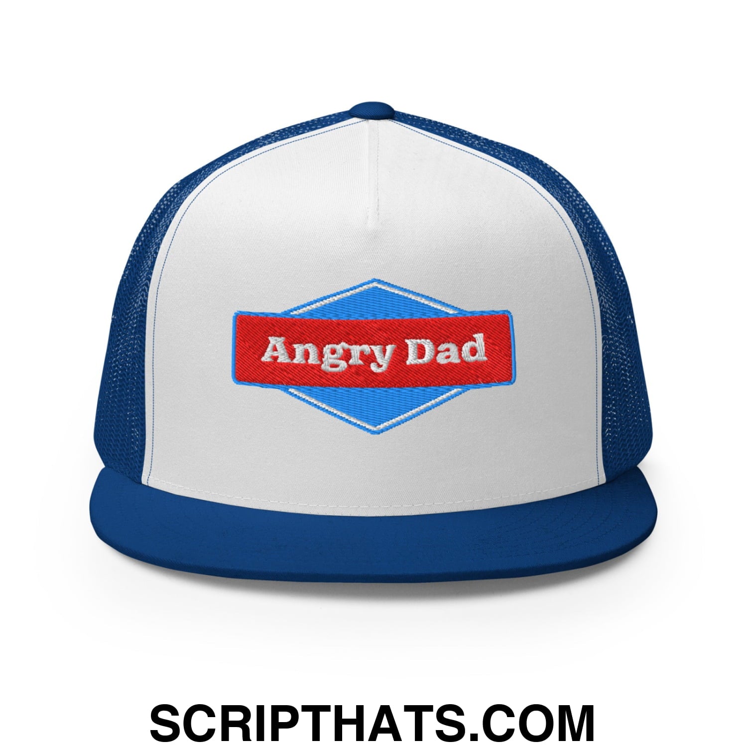 Angry Dad Embroidered Flat Brim Bill Mesh Trucker Hat Royal White Royal