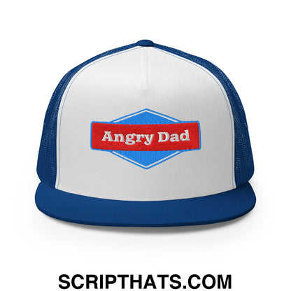 Angry Dad Embroidered Flat Brim Bill Mesh Trucker Hat Royal White Royal