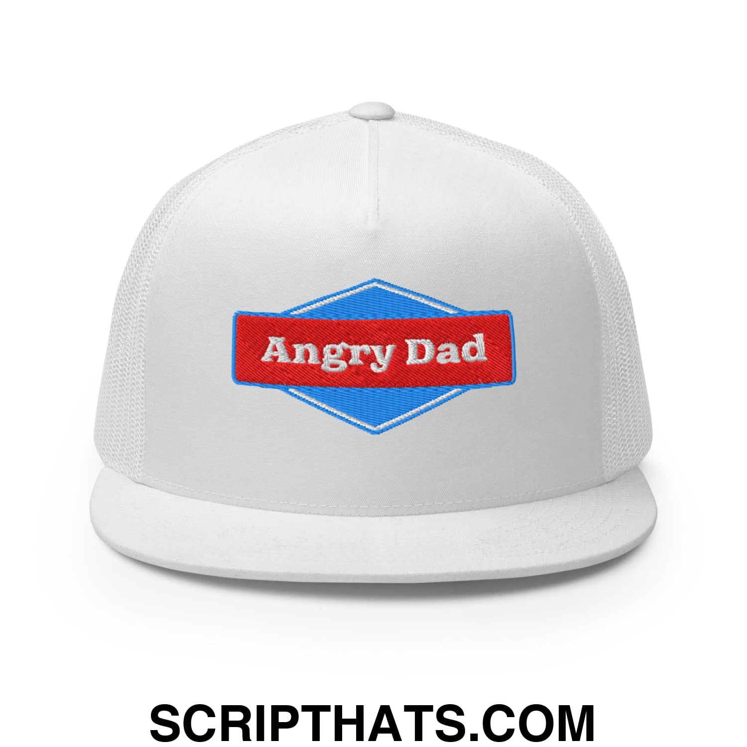 Angry Dad Embroidered Flat Brim Bill Mesh Trucker Hat White