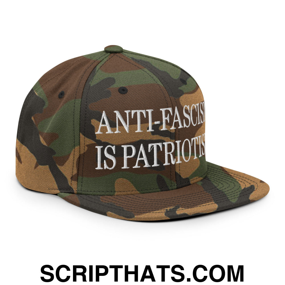 Anti-Fascism is Patriotism Embroidered Flat Bill Brim Snapback Hat Green Camo